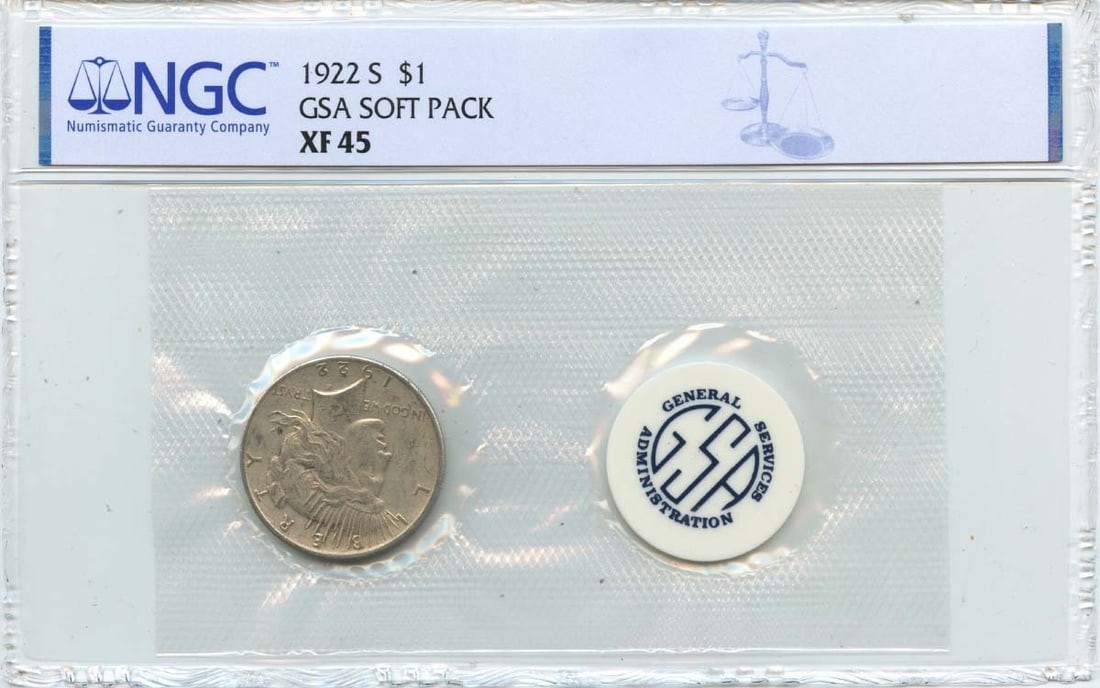 NGC XF45 1922-S Peace Silver Dollar GSA Soft Pack San Francisco Mint: NGC XF45 1922-S Peace Silver Dollar GSA Soft Pack San Francisco Mint This 1922-S Peace Dollar is encapsulated in a GSA Soft Pack and certified by NGC with a grade of XF45. Minted in San Francisco, thi