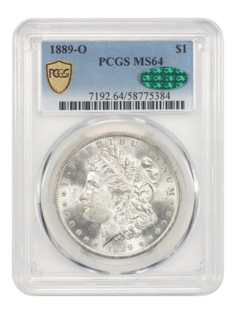 1889 O Morgan Dollar PCGS MS64 CAC New Orleans Mint $1 Coin: 1889 O Morgan Dollar PCGS MS64 CAC New Orleans Mint $1 Coin 1889-O Morgan Dollar $1 certified by PCGS and CAC, graded MS64. This uncirculated New Orleans issue is described as mostly white and frosty 