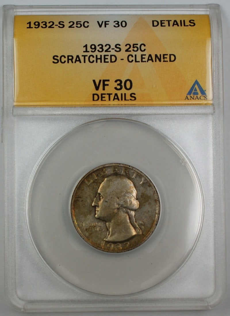ANACS VF-30 1932-S Washington Quarter Silver: ANACS VF-30 1932-S Washington Quarter Silver This is a 1932-S Silver Washington Quarter graded VF-30 by ANACS. The coin is circulated and has been noted as scratched and cleaned. It is composed of sil