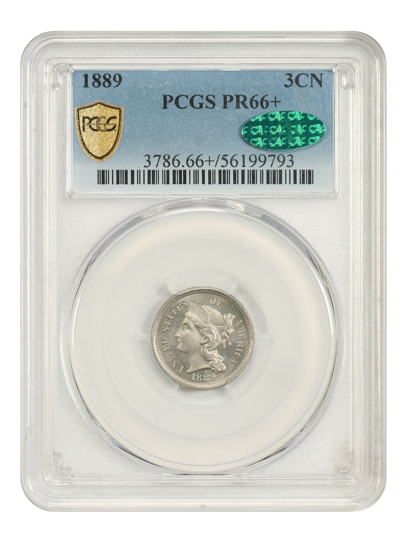 Three Cent Nickel 1889 3CN PCGS PR66+ CAC: Three Cent Nickel 1889 3CN PCGS PR66+ CAC 1889 Three Cent Nickel graded PR66+ by PCGS with CAC approval. Minted in Philadelphia, this uncirculated proof issue has a proof mintage of 3,436 coins. The c
