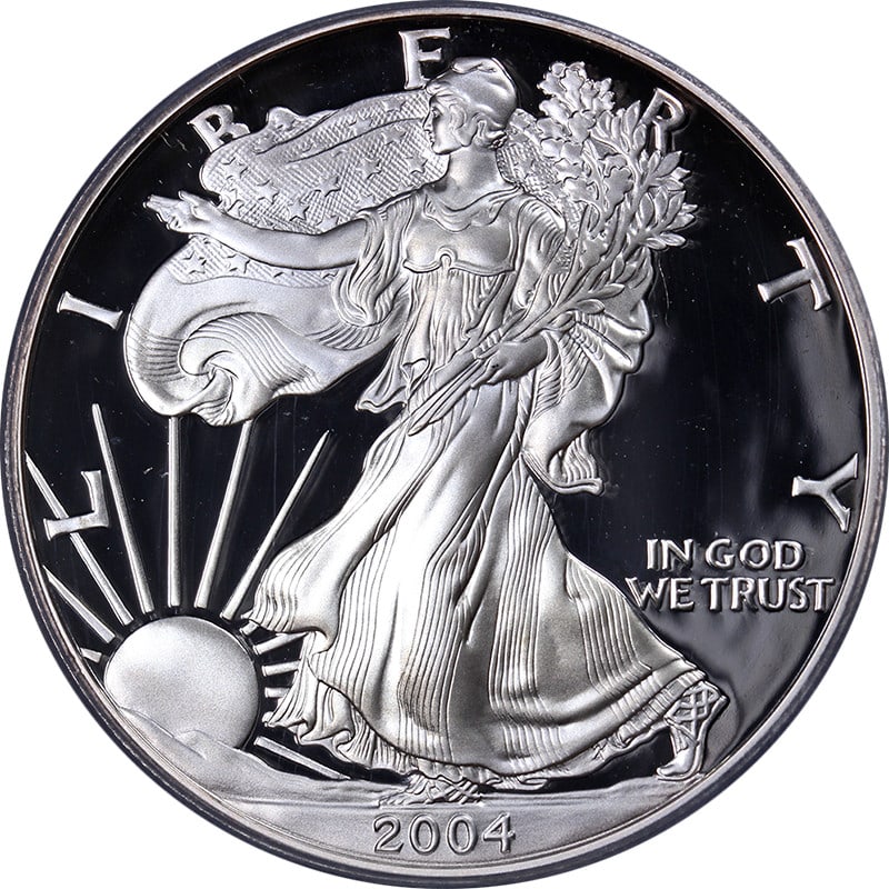 2004-W Silver American Eagle $1 PCGS PR70 DCAM Coin: 2004-W Silver American Eagle $1 PCGS PR70 DCAM Coin This 2004-W Silver American Eagle $1 features remarkable eye appeal, showcasing fantastic luster and a strong strike. Certified by PCGS as PR70 DCAM