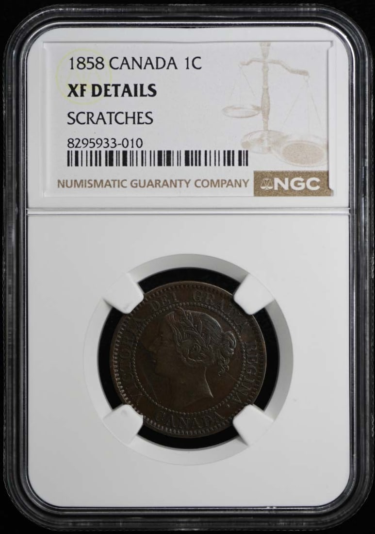1858 Canada 1 Cent NGC XF Details Brown Coin: 1858 Canada 1 Cent NGC XF Details Brown Coin This 1858 Canada 1 Cent coin features a grade of XF Details, certified by NGC. It is in uncirculated condition, indicating it has been well-preserved despi
