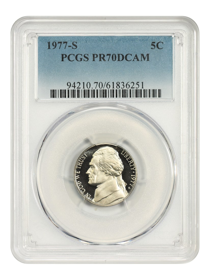 Jefferson Nickel 1977-S 5C PCGS PR70DCAM: Jefferson Nickel 1977-S 5C PCGS PR70DCAM 1977-S Jefferson Nickel graded PCGS PR70DCAM. This uncirculated 5C coin was minted in San Francisco and is certified by PCGS with certification number 61836251