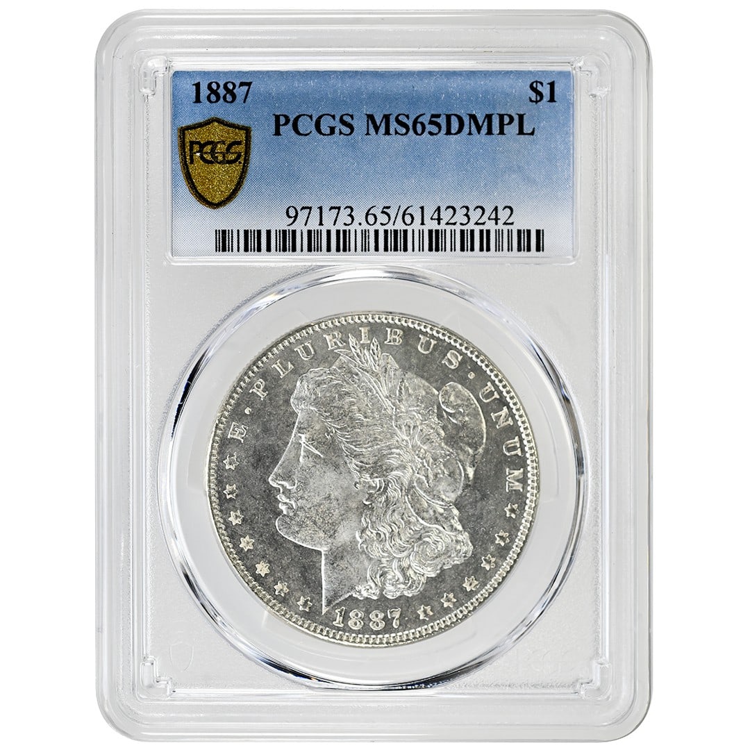 1887 Morgan Dollar PCGS MS65DMPL Deep Mirror Proof Like: 1887 Morgan Dollar PCGS MS65DMPL Deep Mirror Proof Like This is an 1887 Morgan Dollar graded MS65 Deep Mirror Proof-Like (DMPL) by PCGS. Struck in Philadelphia, this uncirculated silver coin features 