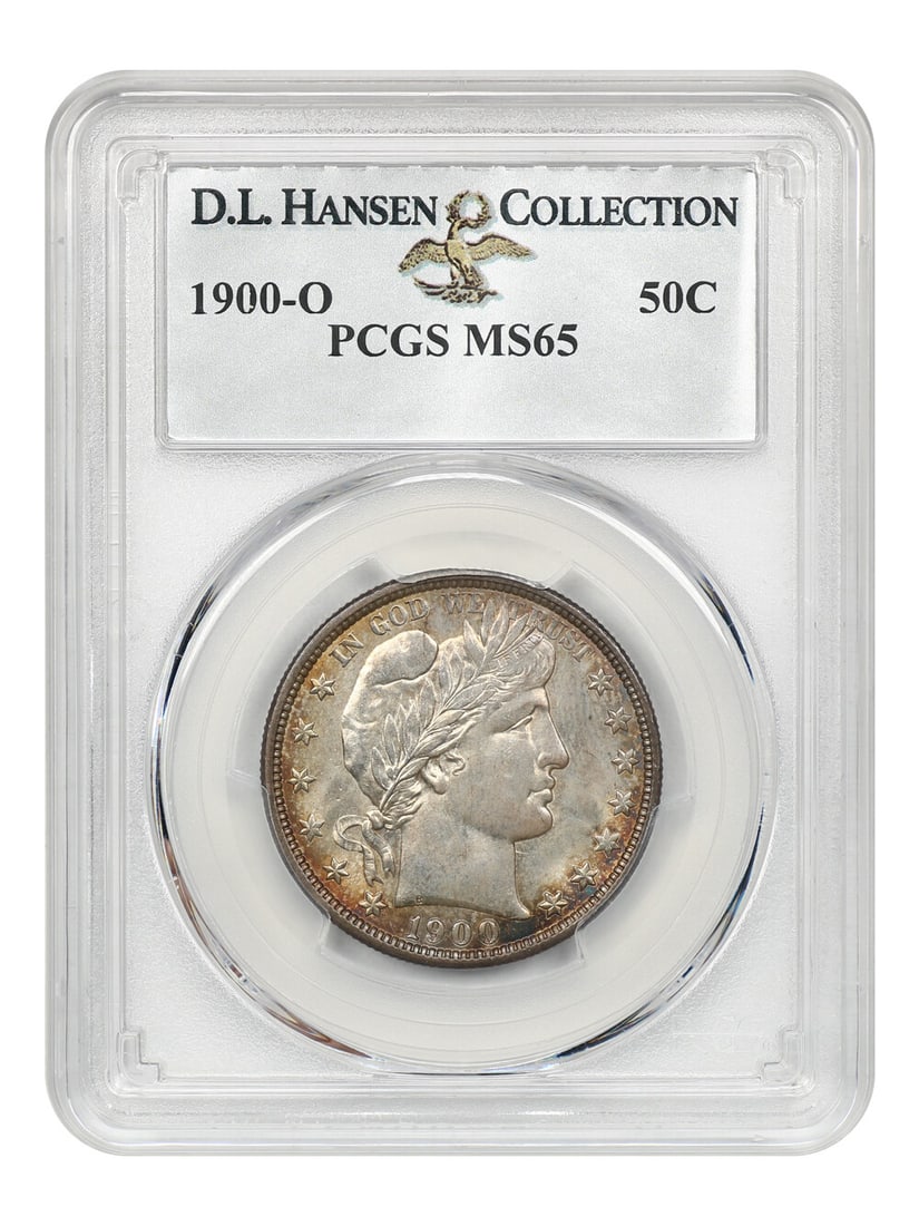 PCGS MS65 1900 O Barber Half Dollar ex D.L. Hansen: PCGS MS65 1900 O Barber Half Dollar ex D.L. Hansen 1900-O Barber Half Dollar graded MS65 by PCGS. This uncirculated New Orleans issue is presented as a high-end type coin example, with gorgeous luster