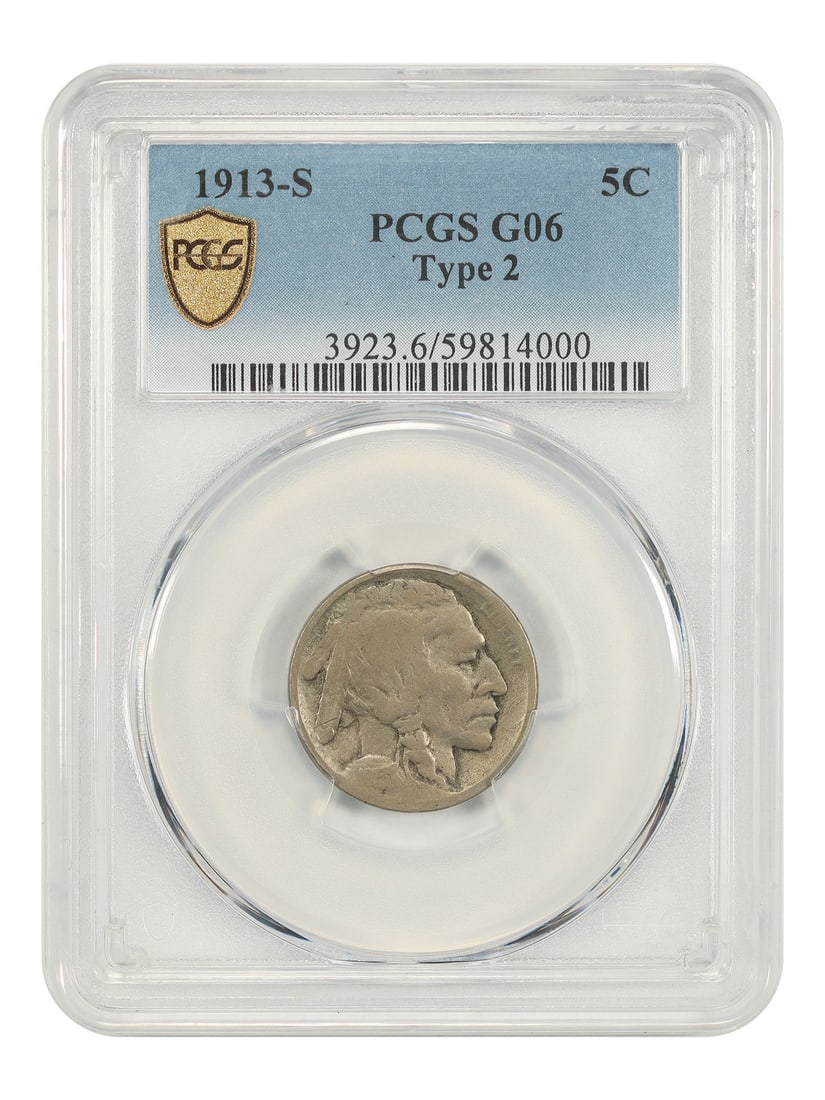 1913-S Buffalo Nickel PCGS Good 06 Type 2: 1913-S Buffalo Nickel PCGS Good 06 Type 2 This is a 1913-S Buffalo Nickel, Type 2, graded Good 06 by PCGS. It is a circulated coin from the San Francisco Mint and is recognized as a popular and challe
