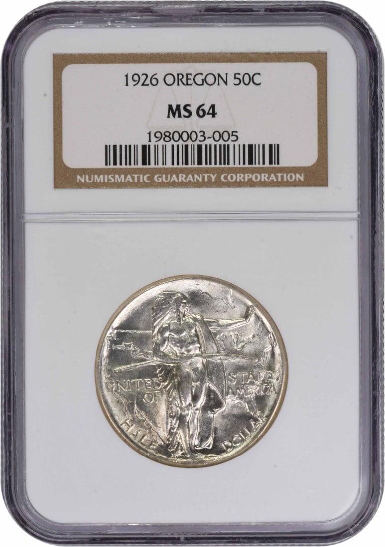 1926 Oregon Half Dollar Commemorative 90 Percent Silver MS64 NGC Certified: 1926 Oregon Half Dollar Commemorative 90 Percent Silver MS64 NGC Certified This 1926 Oregon Commemorative Half Dollar is an uncirculated coin graded MS64 by NGC. Struck at the Philadelphia Mint, it is