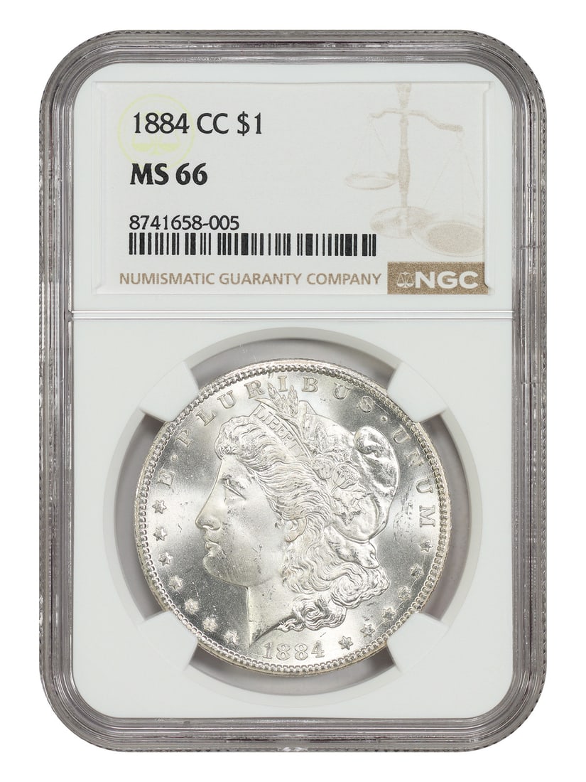 NGC MS66 1884-CC Morgan Dollar Carson City $1: NGC MS66 1884-CC Morgan Dollar Carson City $1 1884-CC Morgan Dollar graded MS66 by NGC. This Carson City issue is described as one of the more common CC-Mint Morgan dollars and is presented as a great