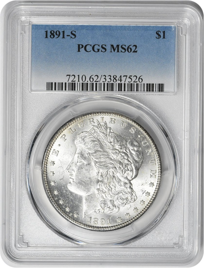 1891-S Morgan Silver Dollar MS62 PCGS Uncirculated Coin: 1891-S Morgan Silver Dollar MS62 PCGS Uncirculated Coin This 1891-S Morgan Silver Dollar is graded MS62 by PCGS, indicating its high quality and uncirculated condition. Minted in San Francisco, this i