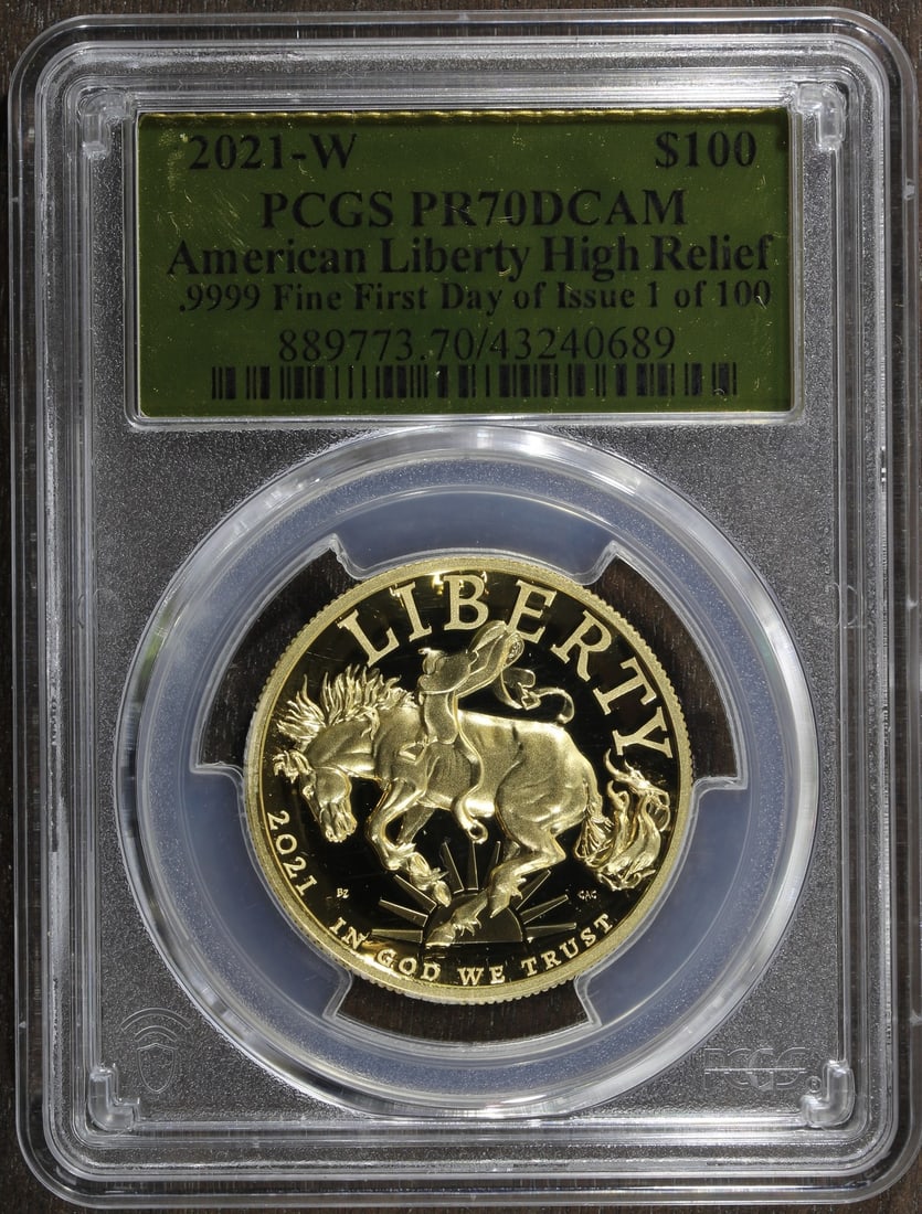 PCGS PR70 2021-W American Liberty High Relief Gold $100 Coin: PCGS PR70 2021-W American Liberty High Relief Gold $100 Coin 2021-W American Liberty High Relief 1 oz Gold $100 coin graded PR70 by PCGS. This proof issue from the U.S. Mint is composed of 0.9999 fine