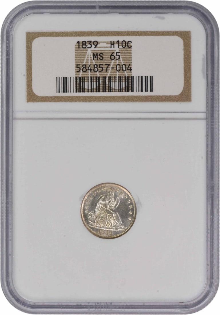 United States 1839 Seated Half Dime NGC MS65 Certified Silver Coin: United States 1839 Seated Half Dime NGC MS65 Certified Silver Coin This 1839 Liberty Seated Half Dime features the No Drapery variety and has been graded MS65 by NGC. Struck in Philadelphia, this hist