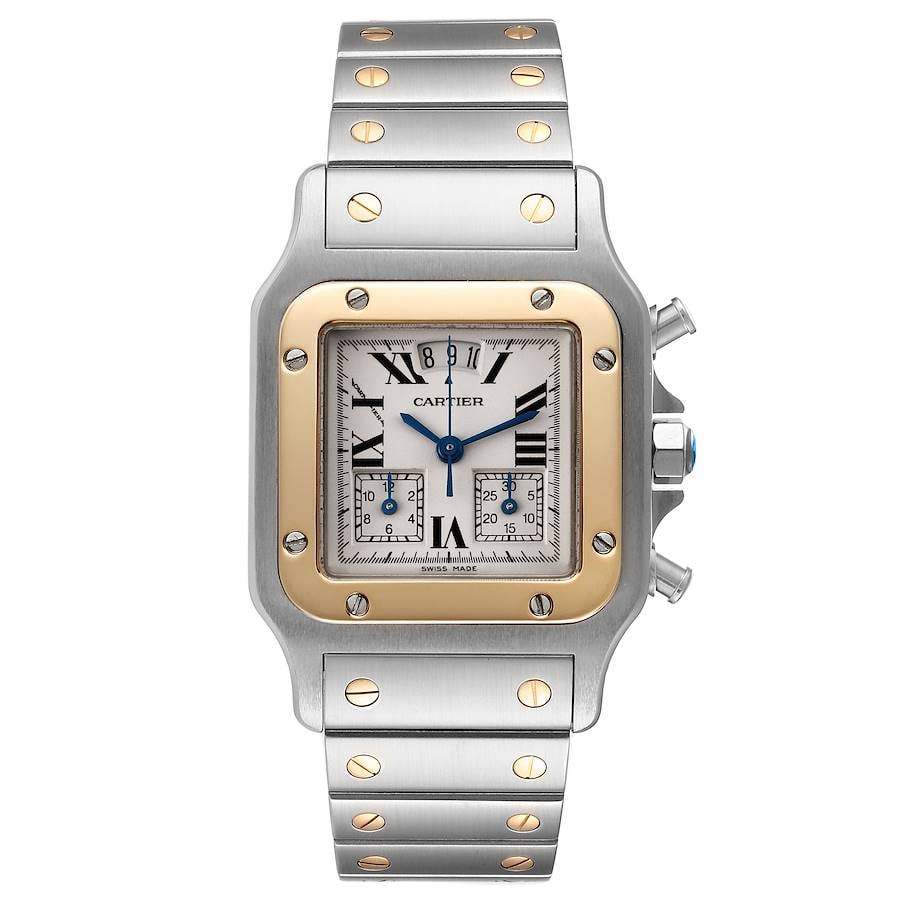 Cartier Santos Chronoflex Ladies 2-Tone Bracelet White Roman Dial Ref 2425: Cartier Santos Chronoflex Ladies 2-Tone Bracelet White Roman Dial Ref 2425 This Cartier Santos Chronoflex watch features a white Roman numeral dial and is presented on a sophisticated two-tone bracele