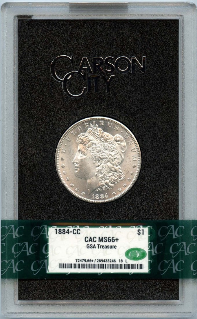 GSA Hoard 1884-CC Morgan Silver Dollar CACG MS66 Plus CAC Certified: GSA Hoard 1884-CC Morgan Silver Dollar CACG MS66 Plus CAC Certified This is an 1884-CC Morgan Dollar from the GSA Hoard, graded MS66+ by CACG and verified by CAC. The coin is uncirculated and was mint