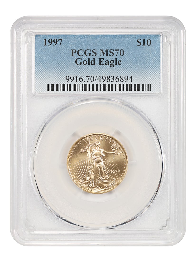PCGS MS70 1997 $10 Gold Eagle Bullion Coin: PCGS MS70 1997 $10 Gold Eagle Bullion Coin 1997 $10 Gold Eagle certified by PCGS and graded MS70. This uncirculated bullion coin is from the Gold Eagles series and was minted in Philadelphia. Conditio