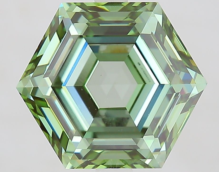 Loose Diamond - HEXAGONAL 5.09ct Fancy Vivid Green VVS2: Loose Diamond - HEXAGONAL 5.09ct Fancy Vivid Green VVS2 Source: This is a real non-mined Diamond that has been grown in a lab Shape: HEXAGONAL Carats: 5.09 Color: Fancy Vivid Green Certification: IGI 