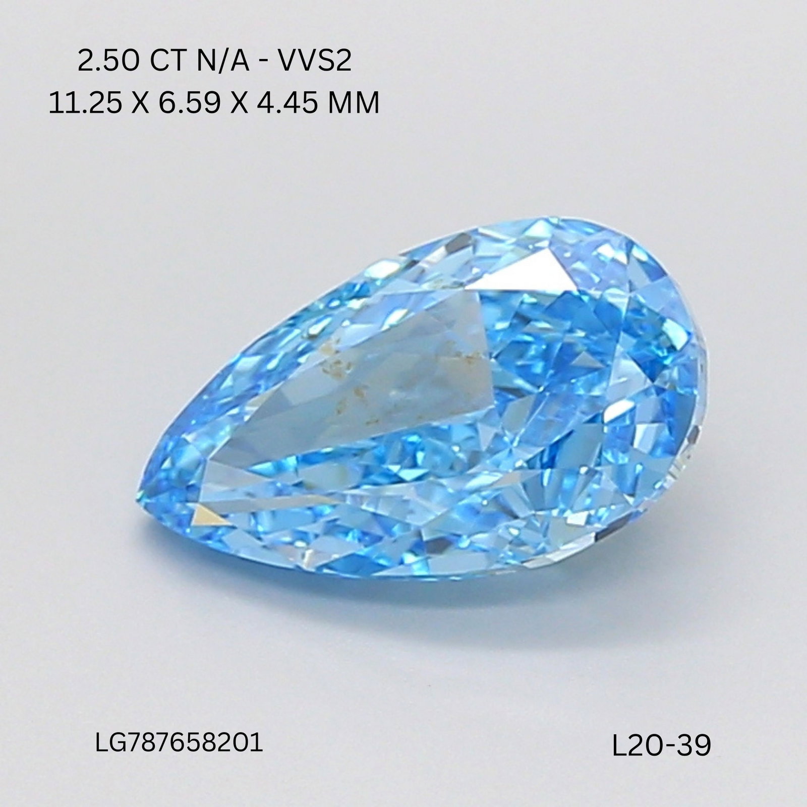 Loose Diamond - PEAR 2.5ct Fancy Vivid Blue VVS2: Loose Diamond - PEAR 2.5ct Fancy Vivid Blue VVS2 Source: This is a real non-mined Diamond that has been grown in a lab Shape: PEAR Carats: 2.5 Color: Fancy Vivid Blue Certification: IGI Video: