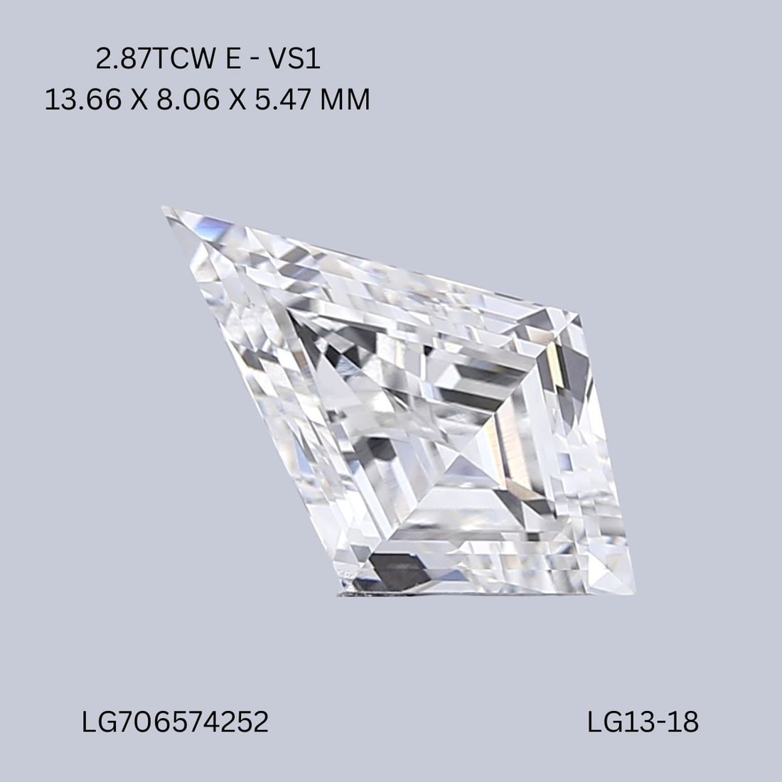 Loose Diamond - KITE 2.87ct E VS1: Loose Diamond - KITE 2.87ct E VS1 Source: This is a real non-mined Diamond that has been grown in a lab Shape: KITE Carats: 2.87 Color: E Clarity: VS1 Certification: IGI Video: