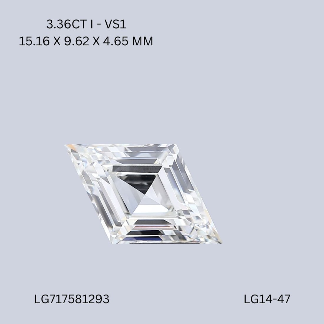 Loose Diamond - LOZENGE 3.36ct I VS1: Loose Diamond - LOZENGE 3.36ct I VS1 Source: This is a real non-mined Diamond that has been grown in a lab Shape: LOZENGE Carats: 3.36 Color: I Clarity: VS1 Certification: IGI Video:
