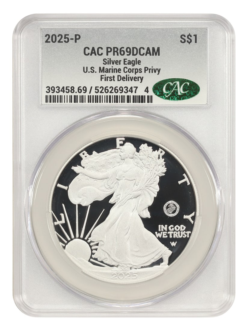 CACG PR69DCAM 2025 P Silver Eagle $1 Marine Corps Privy First Delivery (1 of 4)