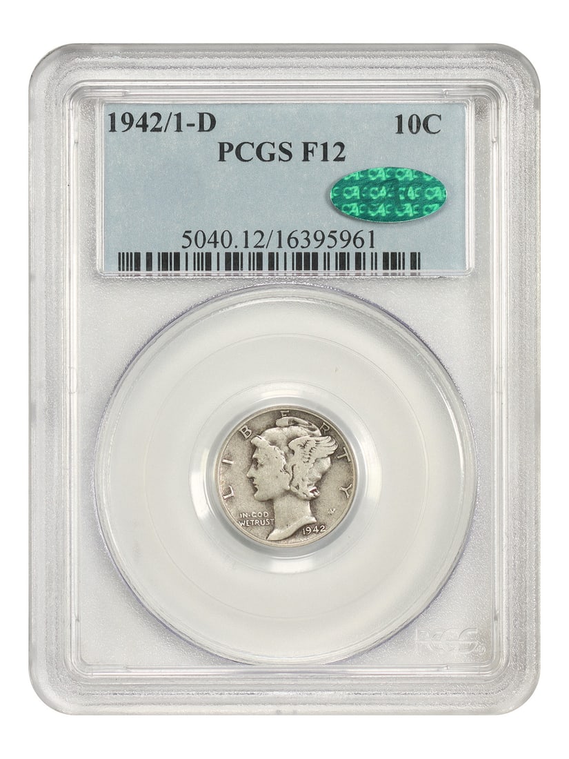 Mercury Dime 1942 10C 1942/1-D Overdate PCGS CAC Fine 12: Mercury Dime 1942 10C 1942/1-D Overdate PCGS CAC Fine 12 A 1942/1-D Mercury Dime, a scarce overdate variety from the Denver mint. The coin is certified by PCGS and is graded Fine 12. It is described a