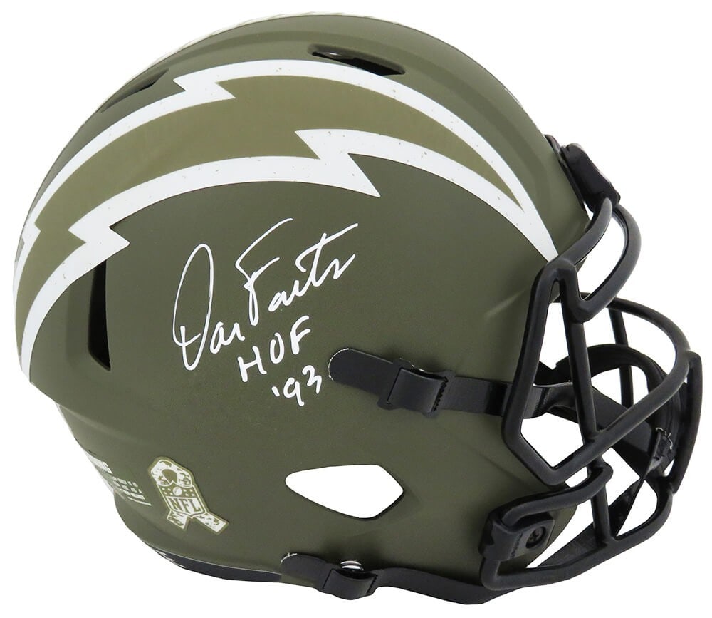 Dan Fouts Signed Chargers Riddell Helmet with HOF 93 Inscription: Dan Fouts Signed Chargers Riddell Helmet with HOF 93 Inscription Celebrate the legacy of Dan Fouts with this signed Los Angeles Chargers "Salute to Service" Riddell full-size speed replica helmet. The
