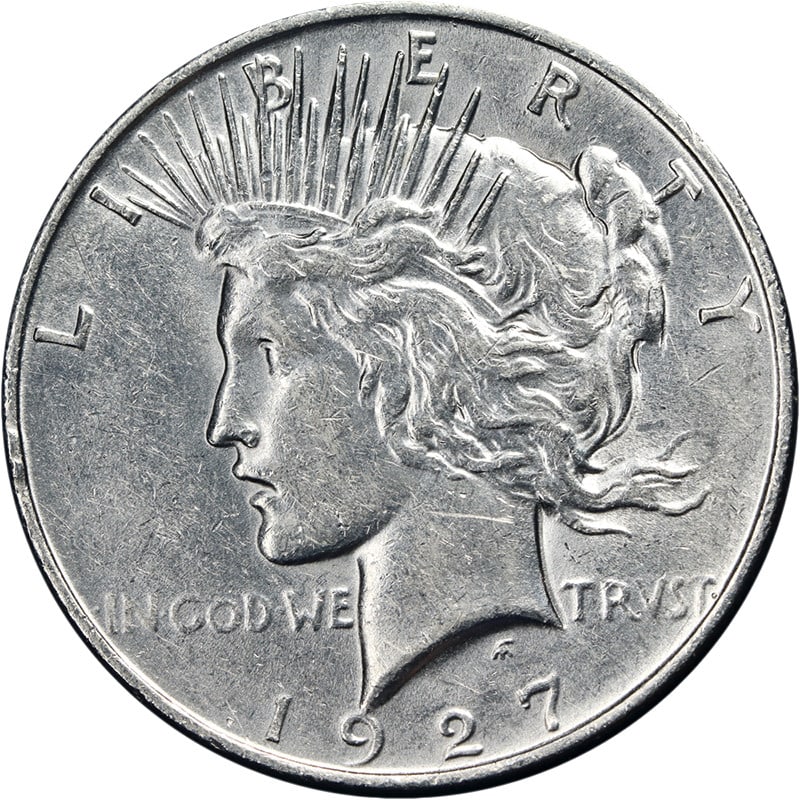 1927-D Silver Peace Dollar AU to BU Grade Bright Eye Appeal: 1927-D Silver Peace Dollar AU to BU Grade Bright Eye Appeal This 1927-D Peace Dollar features attractive eye appeal with bright white luster and well-defined strike. The coin presents nice color and s