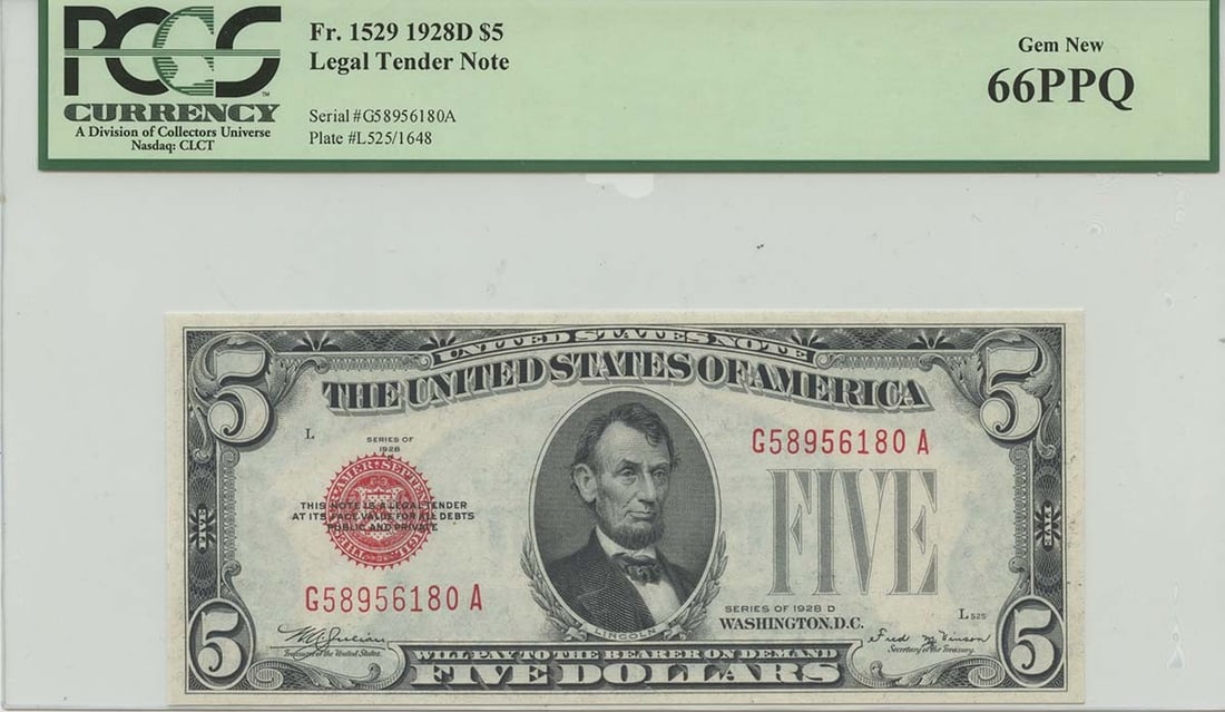 1928D $5 Legal Tender Note FR#1529 PCGS 66 PPQ Uncirculated (1 of 2)