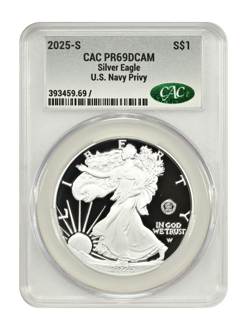 2025 S CACG PR69DCAM $1 Silver Eagle U.S. Navy Privy: 2025 S CACG PR69DCAM $1 Silver Eagle U.S. Navy Privy 2025-S $1 Silver Eagle certified by CACG and graded PR69DCAM. This uncirculated Silver Eagle is a 2025 San Francisco issue from the Bullion Coins s