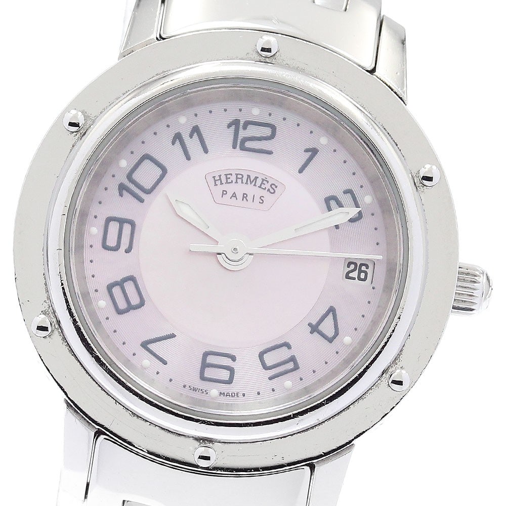 Hermes Clipper Pink Shell Quartz Date Stainless Steel Watch (1 of 6)