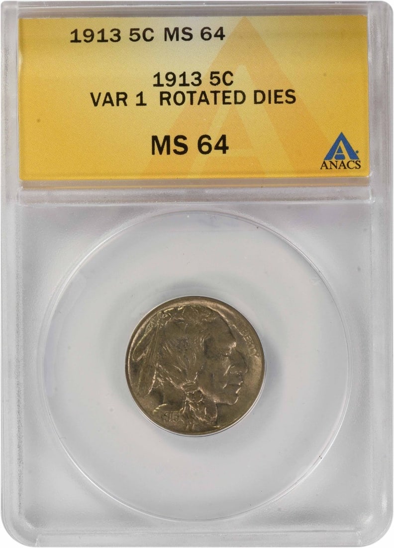 1913 Philadelphia Buffalo Nickel Type 1 ANACS MS64 Rotated Dies: 1913 Philadelphia Buffalo Nickel Type 1 ANACS MS64 Rotated Dies This is a 1913 Buffalo Nickel Type 1 from the Philadelphia Mint, graded MS64 by ANACS. Designed by James Earle Fraser, this uncirculated