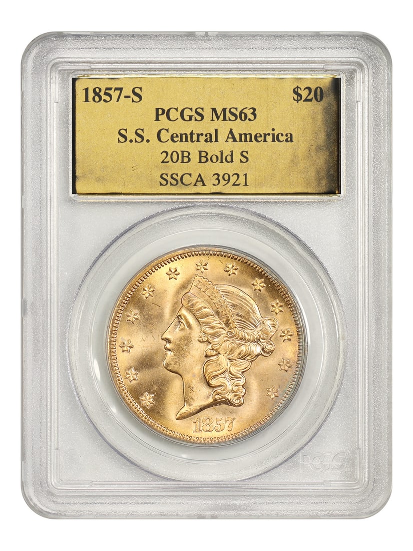 1857-S Liberty Head $20 Double Eagle S.S. Central America PCGS MS63 COA (1 of 5)