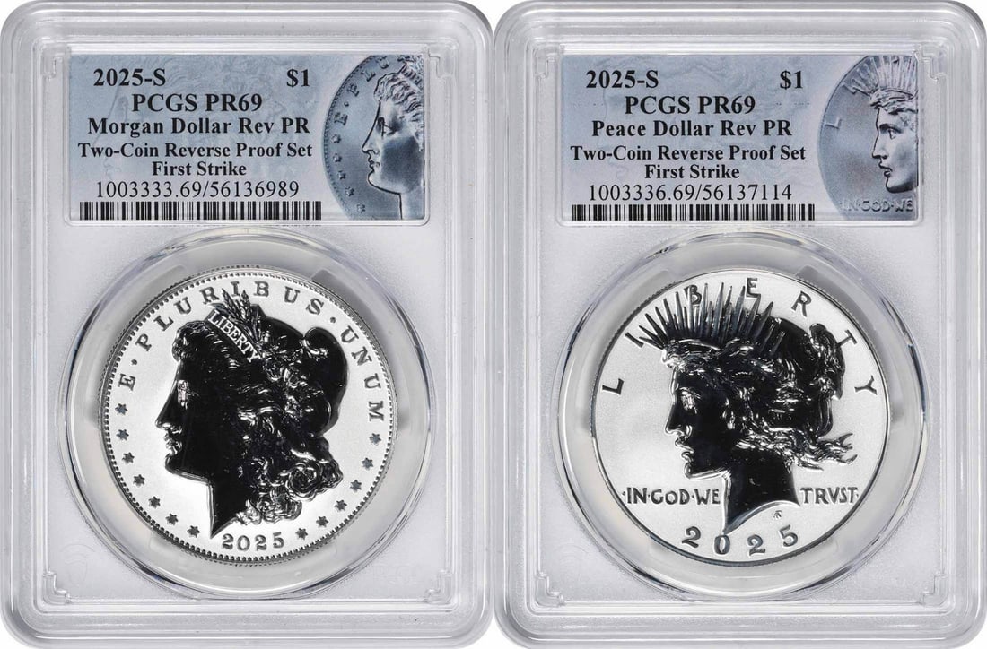 2025-S Morgan Peace Silver Dollars Reverse Proof PCGS PR69 FS Special Label: 2025-S Morgan Peace Silver Dollars Reverse Proof PCGS PR69 FS Special Label This is a 2025-S Morgan and Peace Silver Dollar Reverse Proof Set graded PR69 by PCGS, featuring a special label and First S