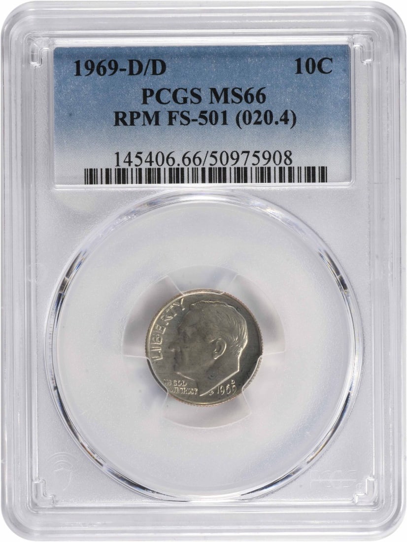 1969-D/D Roosevelt Dime MS66 PCGS Uncirculated Denver Mint: 1969-D/D Roosevelt Dime MS66 PCGS Uncirculated Denver Mint This 1969-D/D Roosevelt Dime is a stunning example of numismatic craftsmanship, graded MS66 by PCGS. This uncirculated coin features a compos