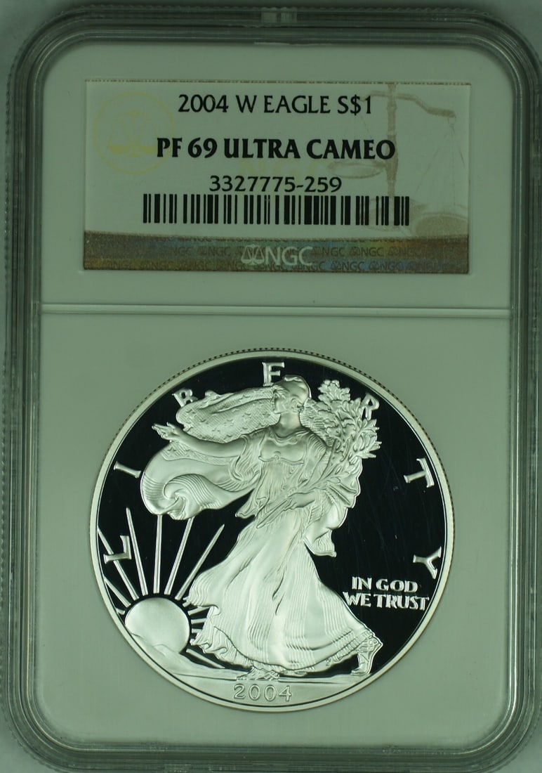 NGC PF 69 Ultra Cameo 2004-W Proof Silver Eagle Dollar: NGC PF 69 Ultra Cameo 2004-W Proof Silver Eagle Dollar This 2004-W American Proof Silver Eagle $1 coin is graded PF 69 Ultra Cameo by NGC. It is a commemorative proof coin in uncirculated condition, f