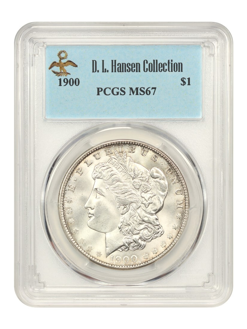 1900 Morgan Dollar PCGS MS67 Uncirculated D.L. Hansen: 1900 Morgan Dollar PCGS MS67 Uncirculated D.L. Hansen This exquisite 1900 Morgan Dollar, graded MS67 by PCGS, showcases exceptional quality and brilliance. With a flawless appearance to the naked eye 