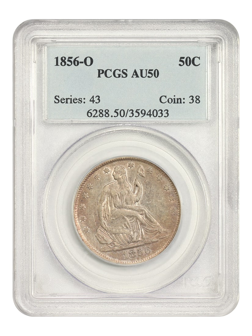 PCGS AU50 1856 O Liberty Seated 50C Half Dollar: PCGS AU50 1856 O Liberty Seated 50C Half Dollar 1856-O Liberty Seated Half Dollar certified by PCGS and graded AU50. This circulated 50C coin was struck in 1856 at the New Orleans mint and belongs to 