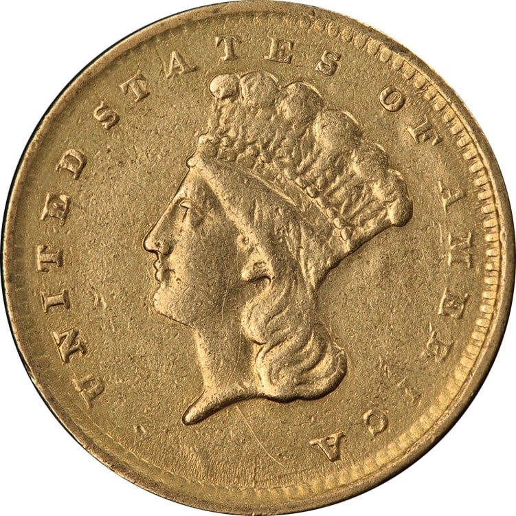 1856 Philadelphia Type 3 Gold Dollar Slanted 5 VF XF US Coin: 1856 Philadelphia Type 3 Gold Dollar Slanted 5 VF XF US Coin This 1856-P Type 3 Liberty Gold $1 coin features the slanted 5 design and offers nice eye appeal with a well-defined strike. The coin is gr