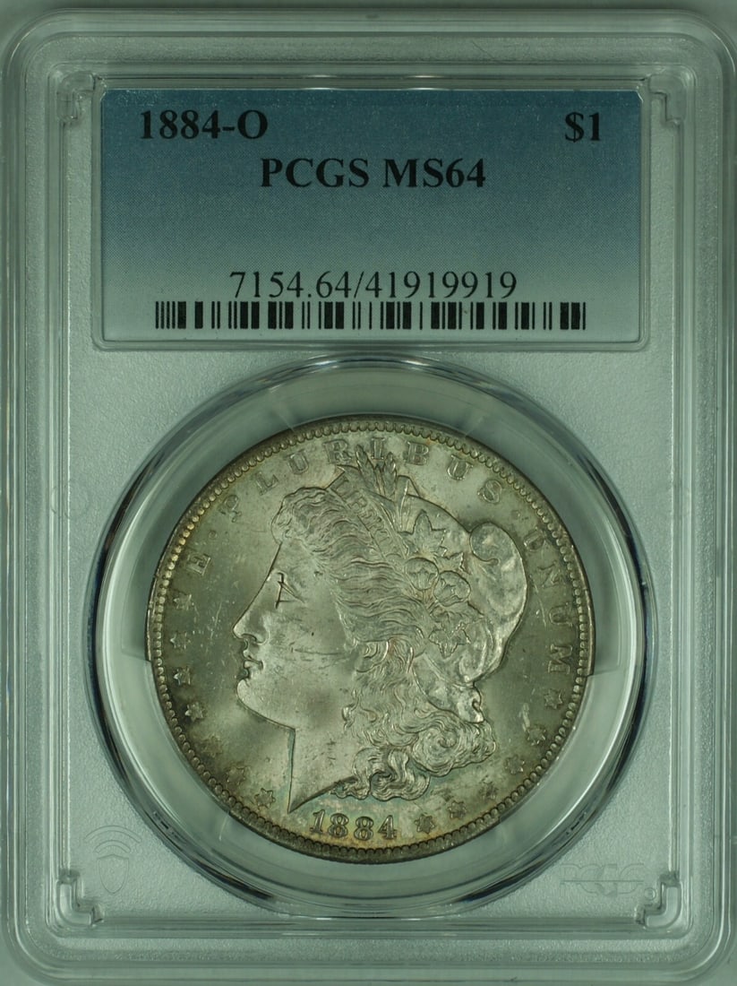PCGS MS64 Certified 1884-O Morgan Dollar New Orleans Silver Toned Coin: PCGS MS64 Certified 1884-O Morgan Dollar New Orleans Silver Toned Coin This is an 1884-O Morgan Silver Dollar graded MS-64 by PCGS. Minted in New Orleans, this uncirculated coin features attractive to