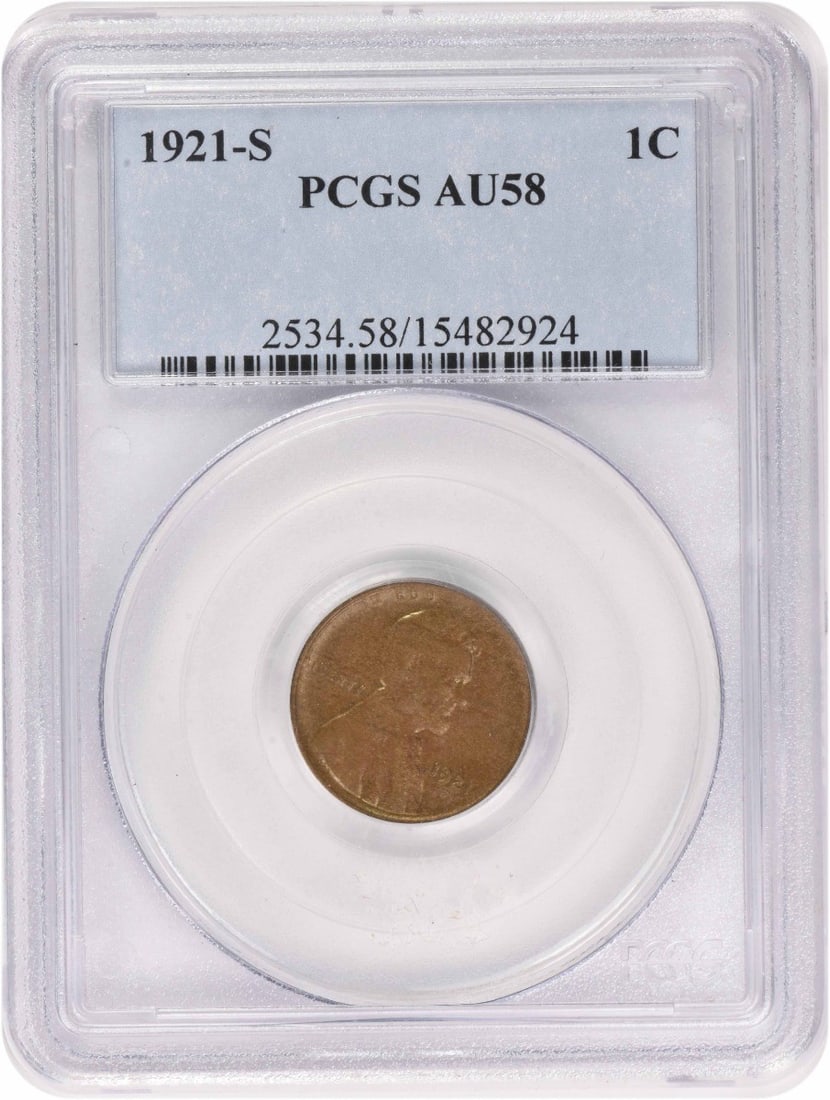 PCGS AU58 1921 S Lincoln Wheat Small Cent: PCGS AU58 1921 S Lincoln Wheat Small Cent 1921-S Lincoln Wheat Cent certified by PCGS and graded AU58. This uncirculated pre-owned coin is struck in copper and has a Small Cent denomination. It is a U