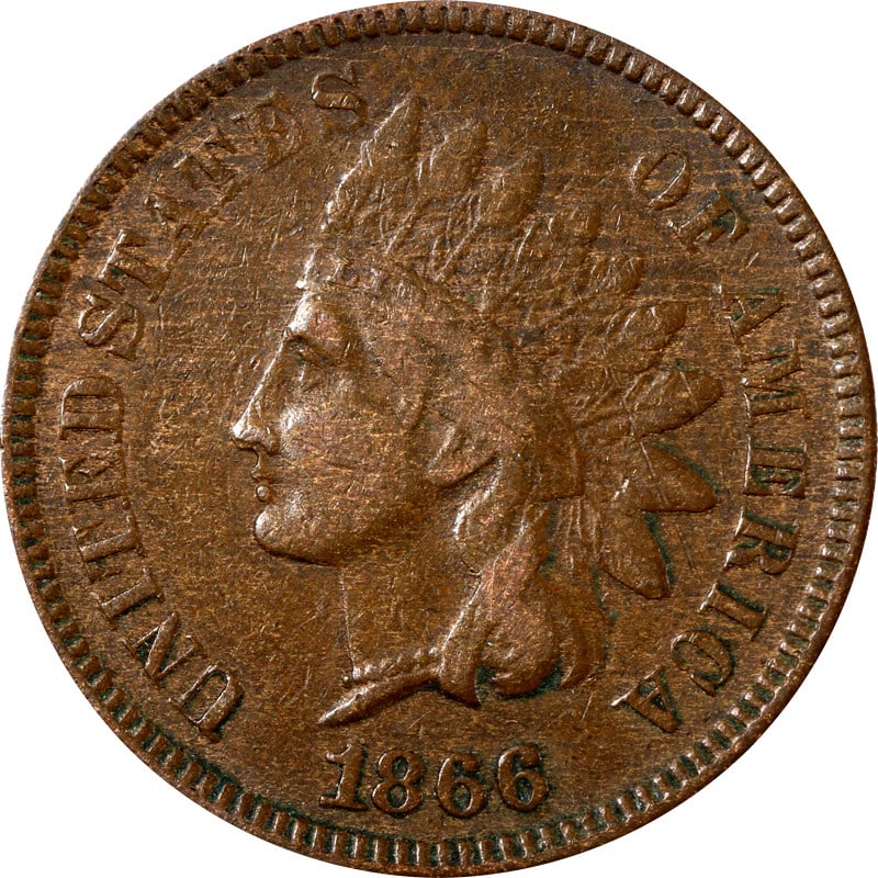 1866 United States Copper Indian Cent: 1866 United States Copper Indian Cent This 1866 Indian Cent is a circulated coin composed of copper and originates from the United States. It is offered in choice condition and is not certified. This 
