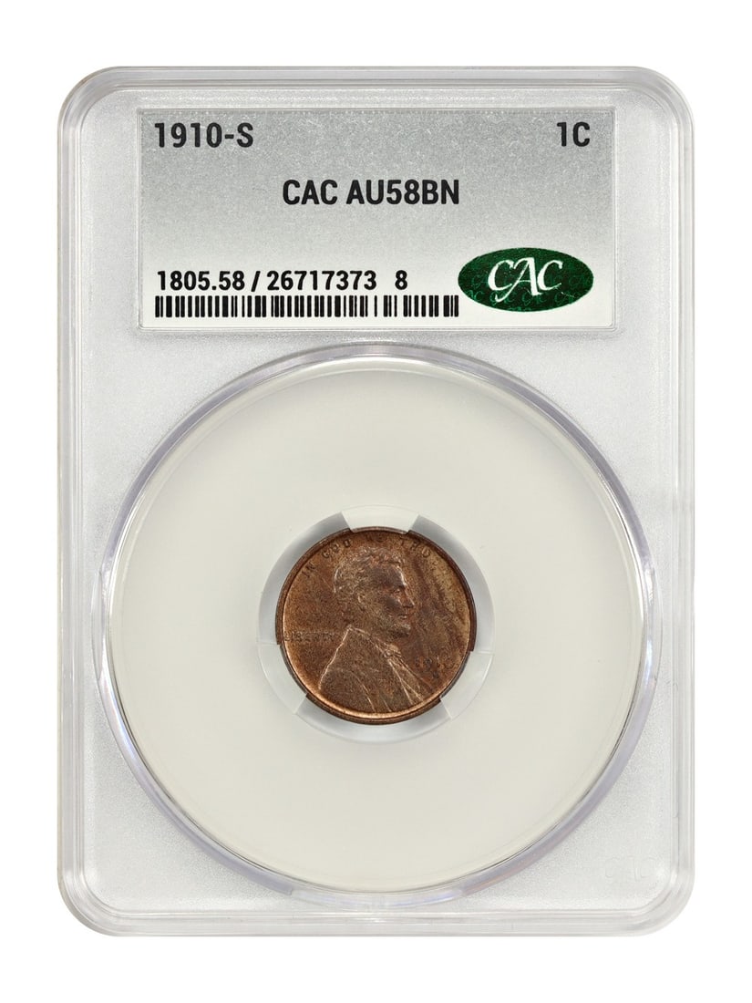 CACG AU58 1910 S Lincoln Wheat Cent BN 1C: CACG AU58 1910 S Lincoln Wheat Cent BN 1C 1910-S Lincoln Cent (Wheat Reverse) with a BN color designation and San Francisco mint location. The coin is circulated, certified by CACG, and graded AU58. C