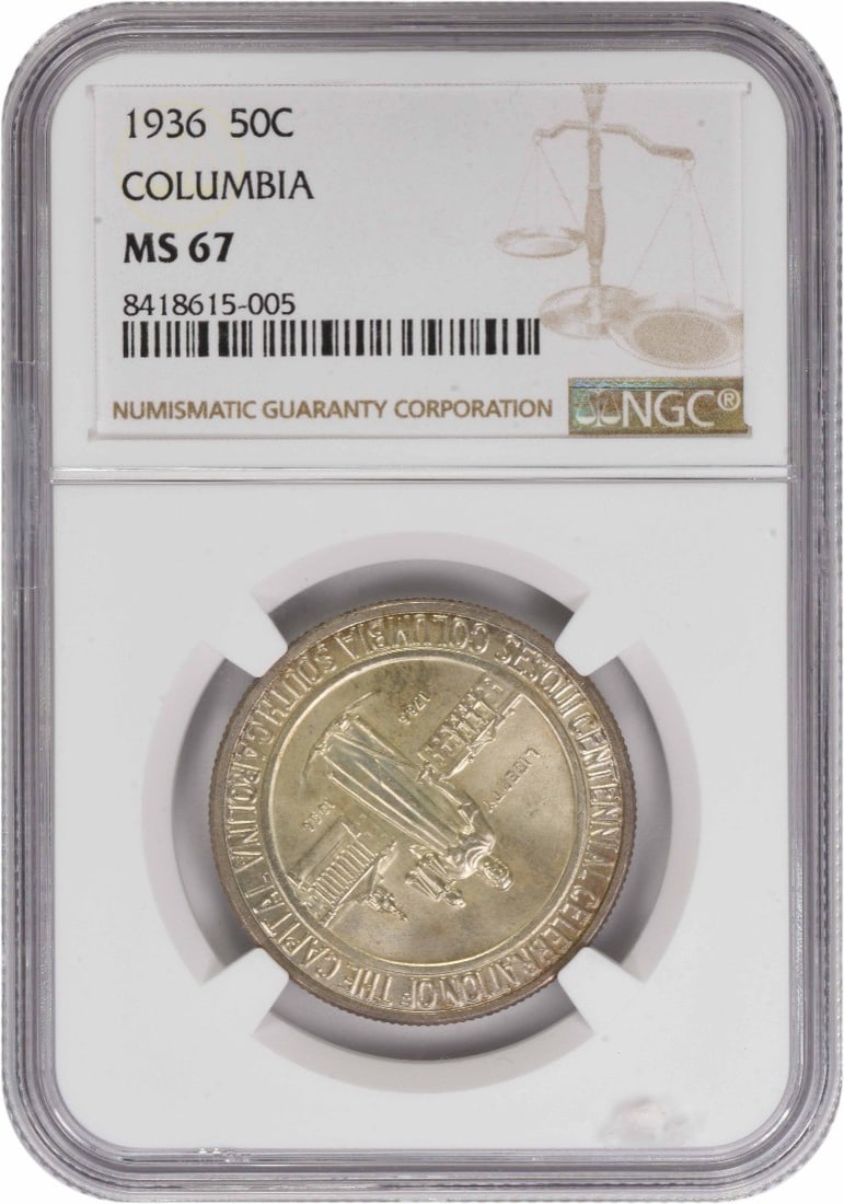 1936 Columbia 90% Silver Half Dollar Commemorative MS67 NGC Certified: 1936 Columbia 90% Silver Half Dollar Commemorative MS67 NGC Certified This 1936 Columbia Commemorative Silver Half Dollar is certified MS67 by NGC, indicating its uncirculated condition. Struck at the