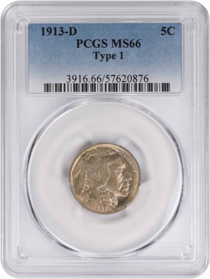 1913-D Buffalo Nickel Type 1 MS66 Graded by PCGS Denver Mint: 1913-D Buffalo Nickel Type 1 MS66 Graded by PCGS Denver Mint This 1913-D Buffalo Nickel is a remarkable example of American numismatic history. Graded MS66 by PCGS, this coin features the iconic Buffa
