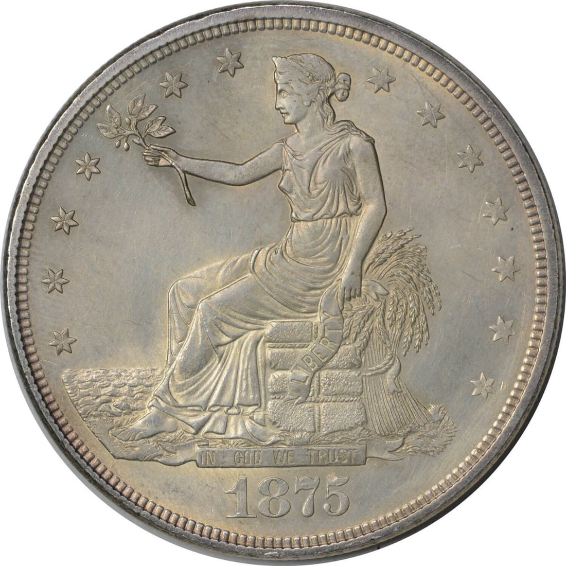 1875 US Trade Dollar Silver $1 Choice BU No Mint Mark: 1875 US Trade Dollar Silver $1 Choice BU No Mint Mark An 1875 United States Trade Dollar in Choice BU condition. This uncirculated silver coin is uncertified and has no mint mark. It is a pre-owned ex