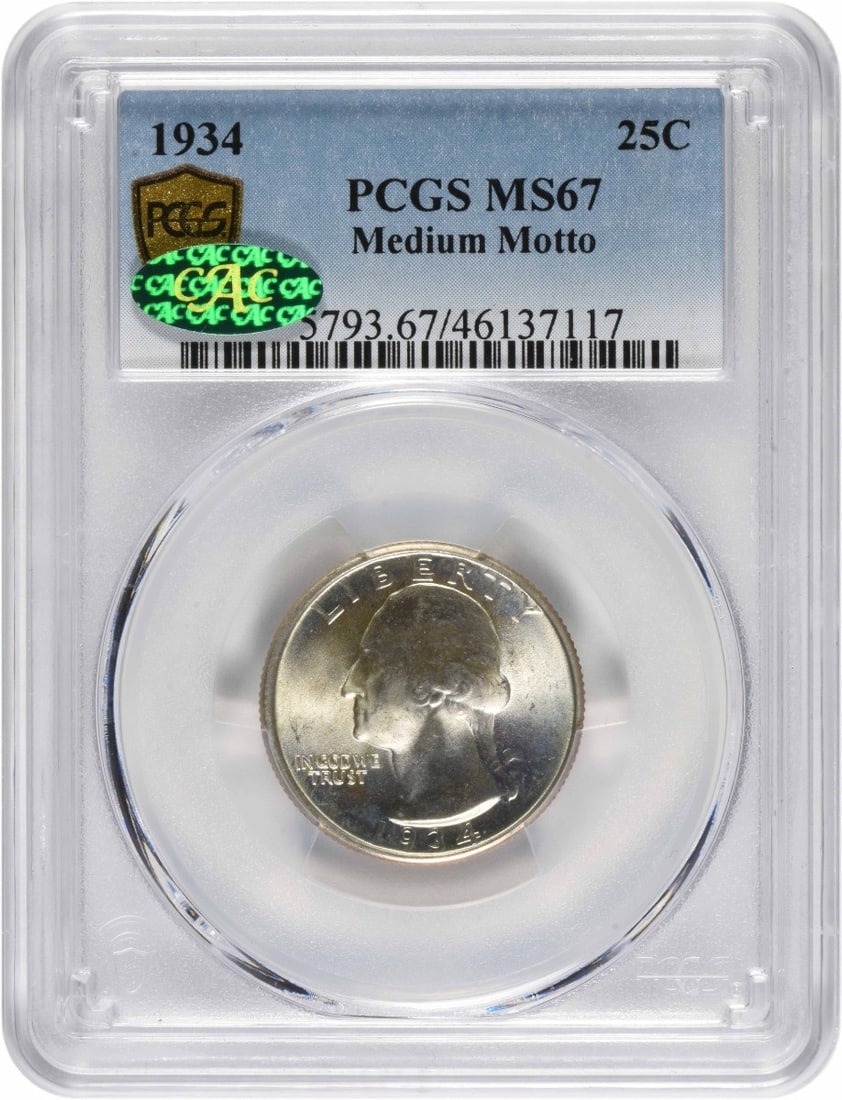 1934 Washington Silver Quarter MS67 PCGS CAC Medium Motto Uncirculated: 1934 Washington Silver Quarter MS67 PCGS CAC Medium Motto Uncirculated This stunning 1934 Washington Silver Quarter showcases a Medium Motto with a high grade of MS67, certified by PCGS. This coin is 