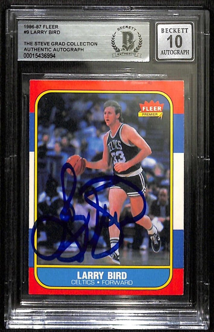 Larry Bird Autographed 1986-87 Fleer Card Beckett 10 Celtics HOF: Larry Bird Autographed 1986-87 Fleer Card Beckett 10 Celtics HOF This is an original 1986-87 Fleer basketball trading card featuring Larry Bird, a Hall of Famer from the Boston Celtics. The card has b