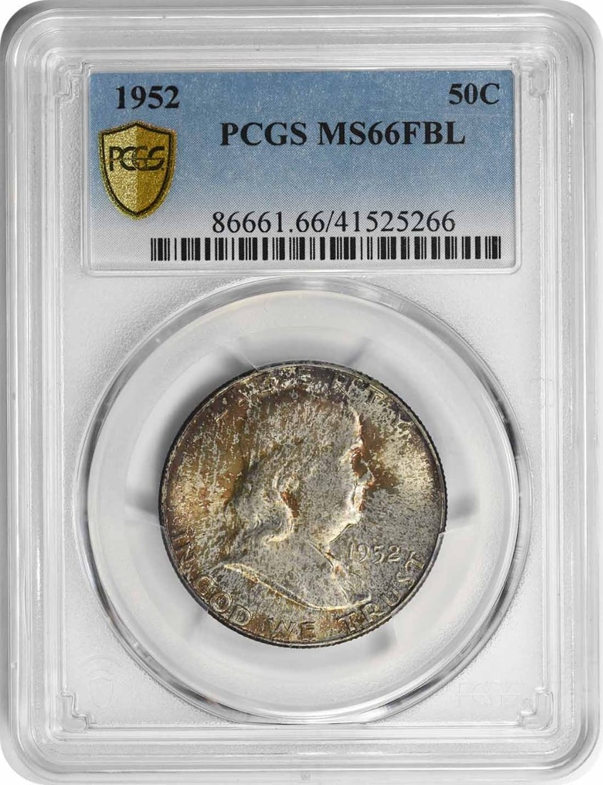 1952 Franklin Half Dollar MS66FBL PCGS 90% Silver Uncirculated: 1952 Franklin Half Dollar MS66FBL PCGS 90% Silver Uncirculated This 1952 Franklin Silver Half Dollar is a remarkable coin graded MS66FBL by PCGS, indicating its high quality and exceptional detail. St