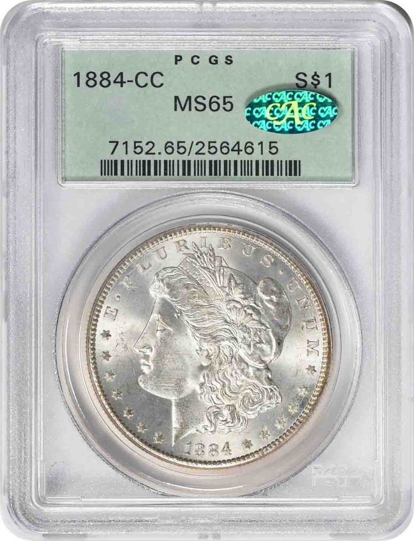 PCGS CAC 1884 CC Morgan Silver Dollar MS65: PCGS CAC 1884 CC Morgan Silver Dollar MS65 This 1884-CC Morgan Silver Dollar is graded MS65 by PCGS and features the CAC designation, indicating high quality for its grade. Struck at the Carson City M