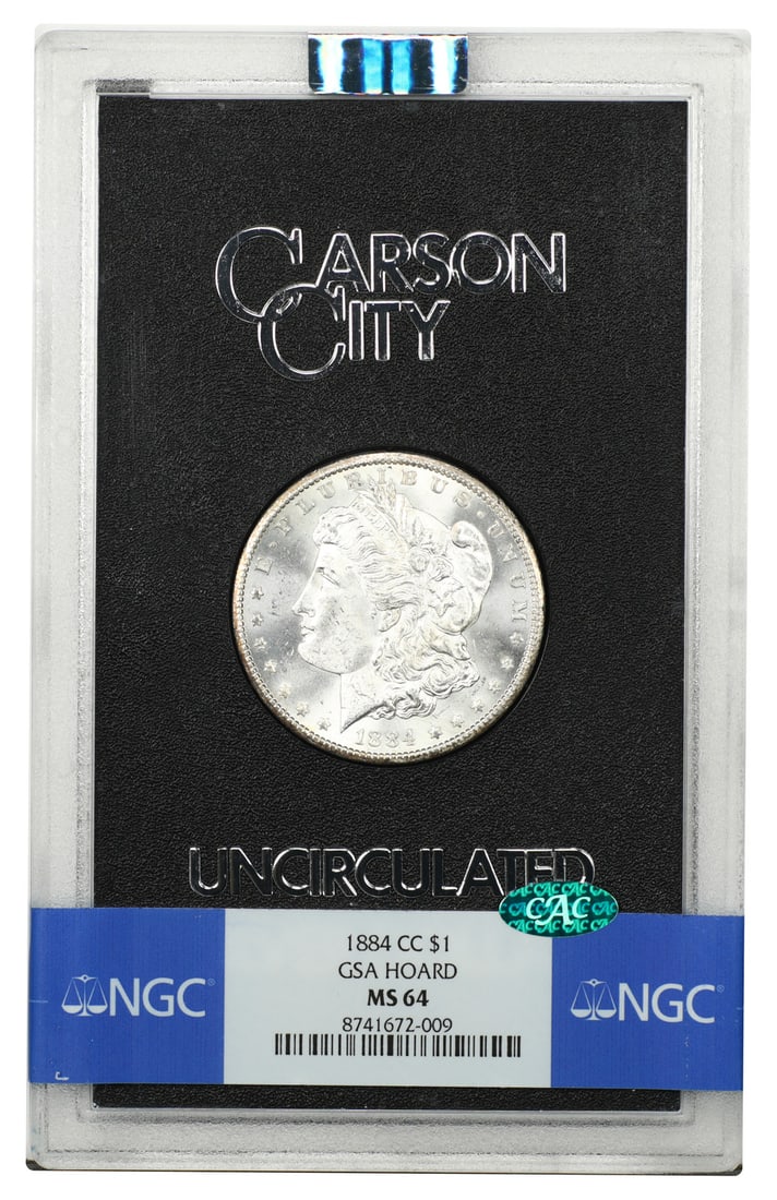 1884 Carson City Morgan Dollar $1 NGC MS64 in GSA Case: 1884 Carson City Morgan Dollar $1 NGC MS64 in GSA Case 1884-CC Morgan Dollar graded MS64 by NGC and CAC approved. This Carson City dollar is housed in the original hard case and presented as an origin