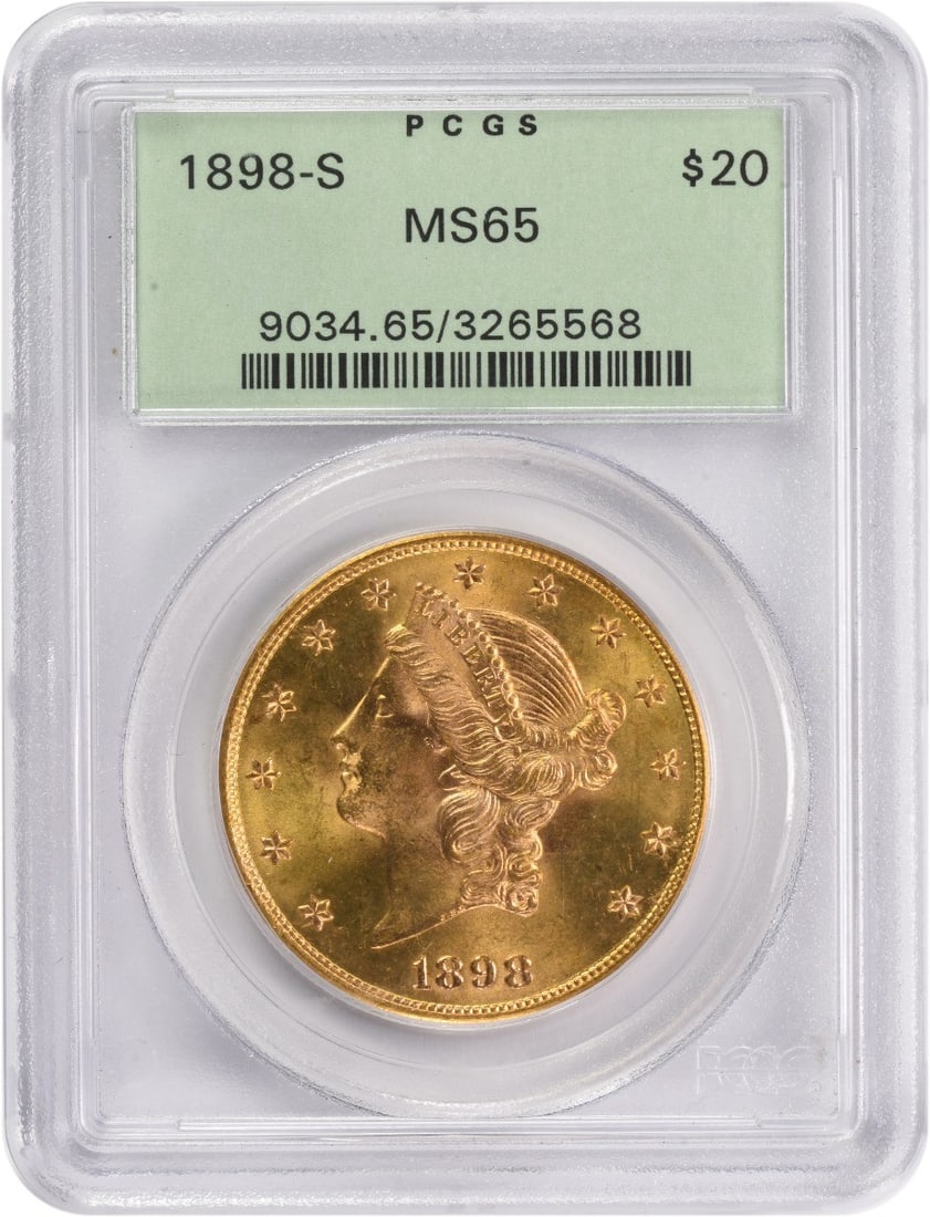 MS65 1898-S Liberty Head $20 Gold Coin Graded by PCGS: MS65 1898-S Liberty Head $20 Gold Coin Graded by PCGS This 1898-S $20 Gold Liberty Head coin from the San Francisco Mint is graded MS65 by PCGS and remains in uncirculated condition. Designed by James